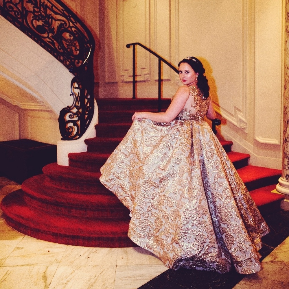 Terani Couture Gold Hand Beaded Brocade Gown